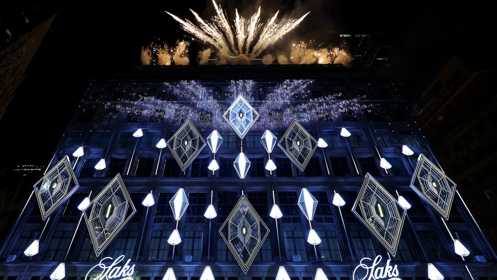 NEW YORK, NEW YORK - NOVEMBER 24: A view of the fireworks during the Saks Fifth Avenue Holiday Light Show & Window Unveiling 2025 on November 24, 2025 in New York City. (Photo by Jamie McCarthy/Getty Images for Saks Fifth Avenue )