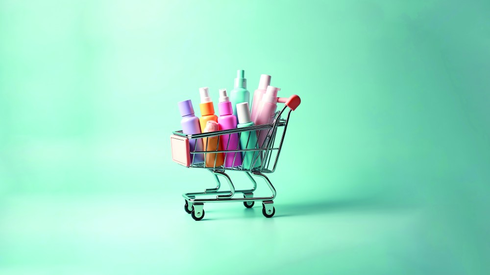 Miniature shopping cart overflows with colorful skincare, makeup bottles. Assortment of pastel cosmetic products includes creams, serums, sprays. Ideal for beauty retail, online sales consumerism
