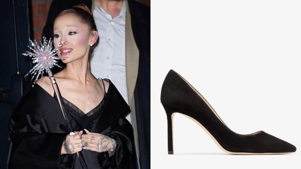Left: Ariana Grande in New York City on Nov. 18, 2025.
Right: Jimmy Choo's Romy pump.