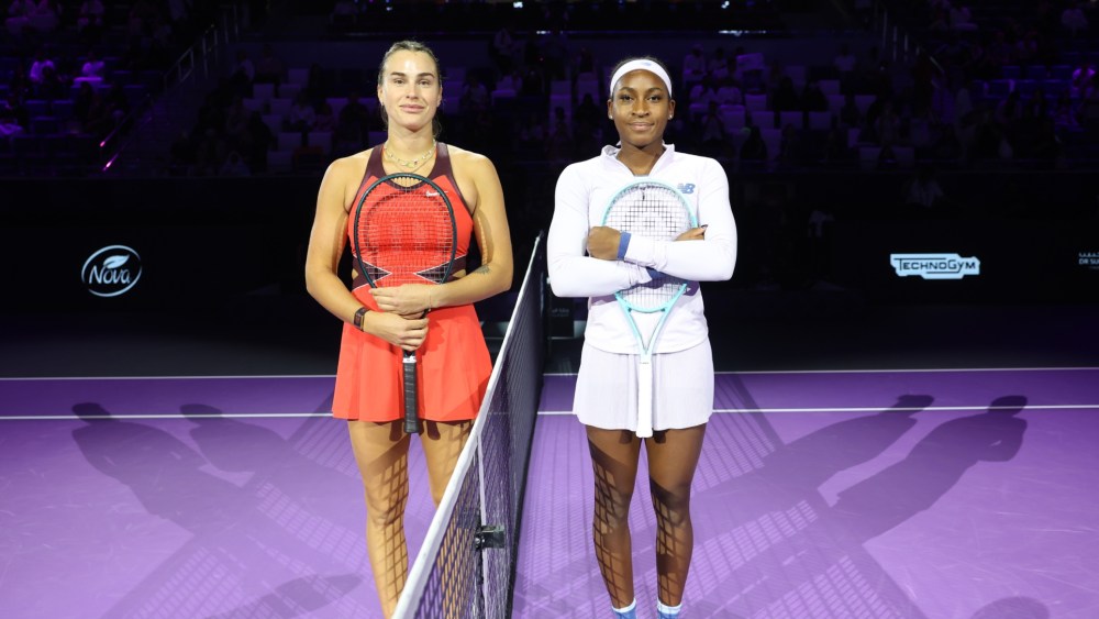 Aryna Sabalenka and Coco Gauff pose for a photo during the coin toss ahead of their Round Robin Singles match on day six of the WTA Finals Riyadh as part of the Hologic WTA Tour 2025 at King Saud University Indoor Arena on Nov. 6, 2025 in Riyadh, Saudi Arabia.
