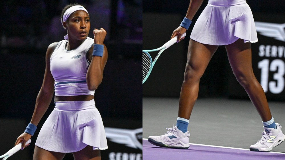 Coco Gauff of the United States plays against compatriot Jessica Pegula during their group-stage match on Day 2 of the 2025 WTA Finals at King Saud University Indoor Arena in Riyadh, Saudi Arabia, on Nov. 2, 2025.