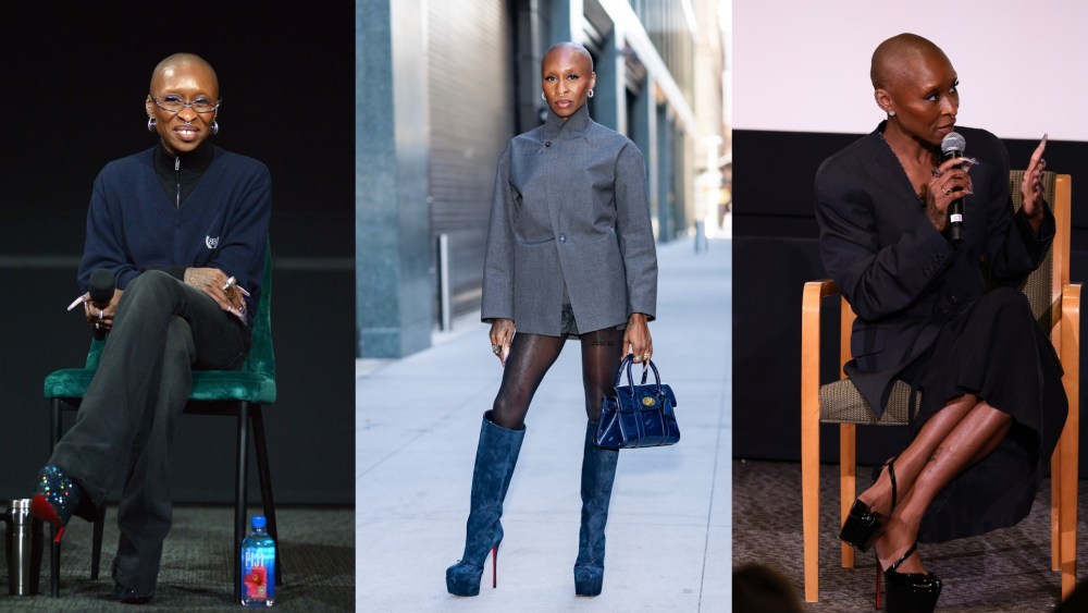Left: Cynthia Erivo speaks onstage as Universal Pictures presents a special "Wicked For Good" Q&A at Saban Media Center on Nov. 15, 2025 in North Hollywood, California. Middle: Cynthia Erivo is seen at "The View" on Nov. 20, 2025 in New York City. Right: Cynthia Erivo onstage during a special "Wicked: For Good" Q&A presented by Universal Pictures at DGA Theater on Nov. 20, 2025 in New York City.