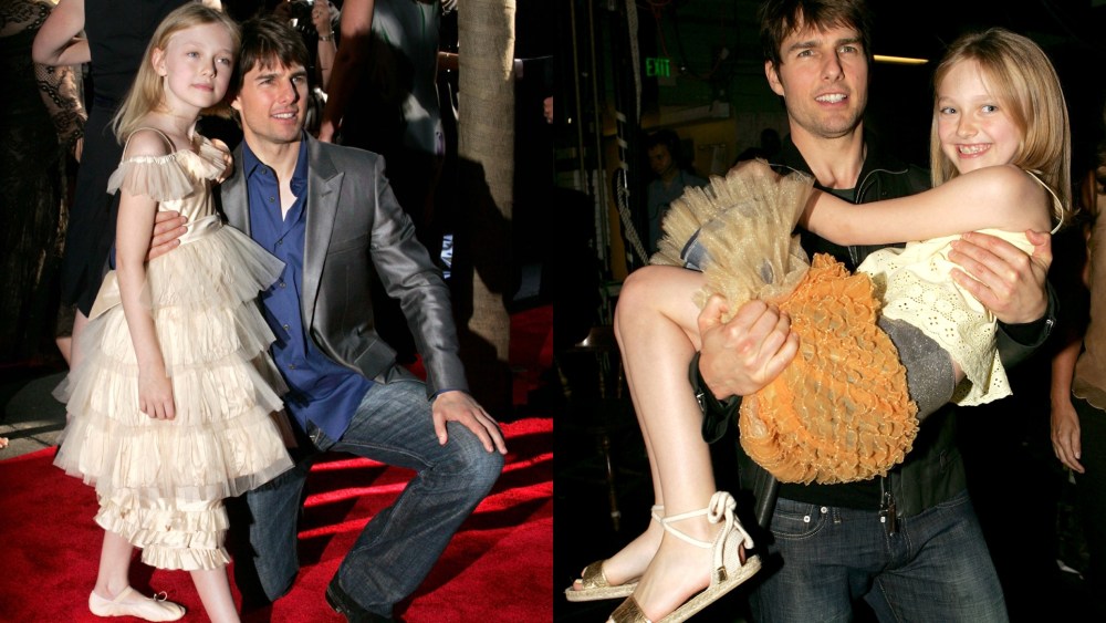 Left: Dakota Fanning and Tom Cruise during the 'War of the Worlds' New York City Premiere - Outside Arrivals at Ziegfeld Theatre in New York City.
Right: Tom Cruise and Dakota Fanning pose backstage during the 2005 MTV Movie Awards at the Shrine Auditorium June 4, 2005 in Los Angeles.