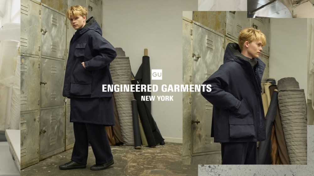 A campaign image from the Gu x Engineered Garments capsule.