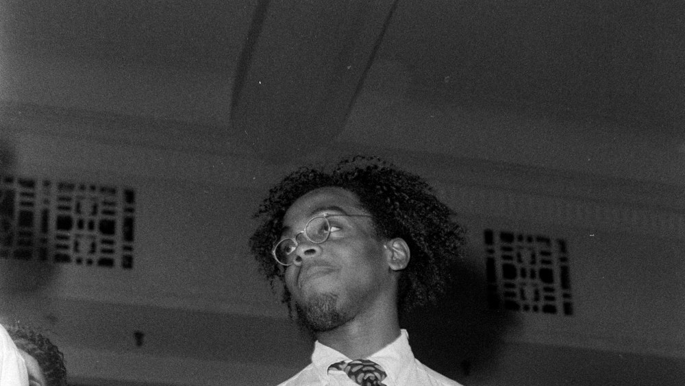Andre Walker walks the finale of his fall 1985 show at the High School of Fashion Industries, New York.