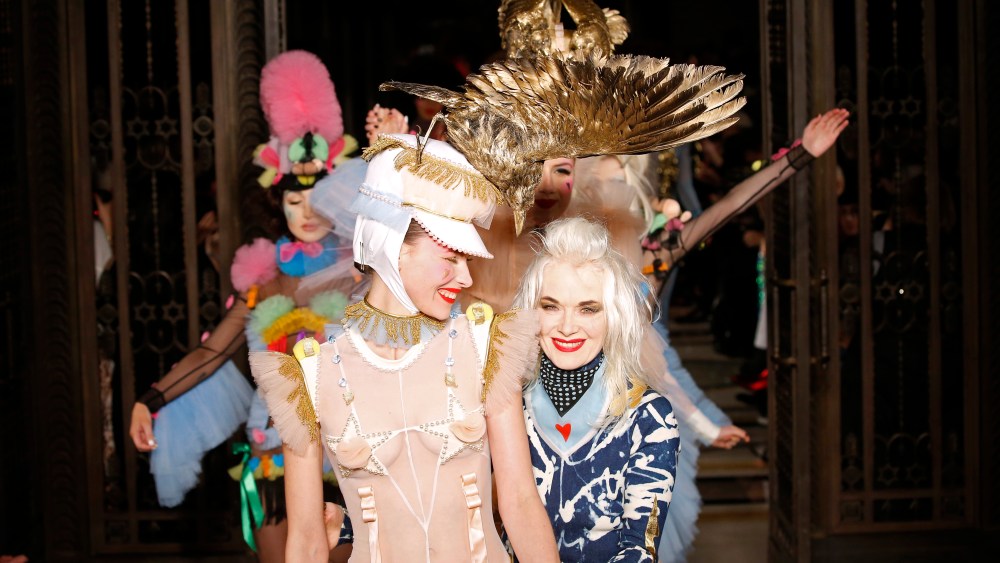 Pam Hogg and model on the catwalk. (Photo by WWD/Penske Media via Getty Images)
