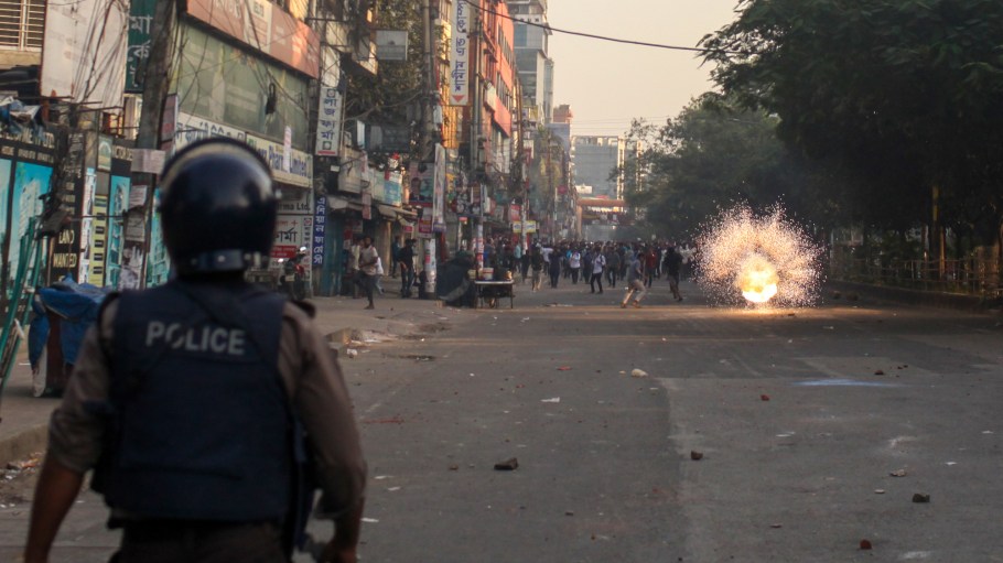 Thousands of demonstrators gather in front of former Prime Minister Sheikh Hasina's residence.