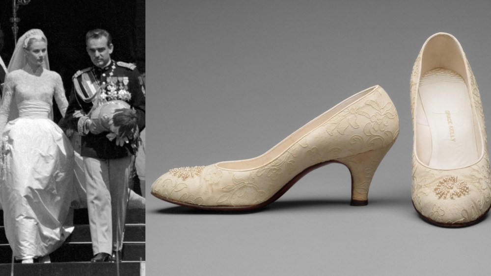 Left: Wedding of Grace Kelly and Prince Rainier III of Monaco celebrated in Monaco's Cathedral on April 19, 1956.
Right: Grace Kelly's wedding shoes