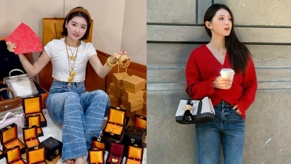 Chenchen Wang, left, showing her Laopu Gold collection; Baiyang Chen, right, wearing Laopu Gold pendants during a street style shoot