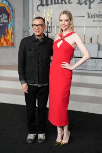 Fred Armisen and Riki Lindhome at Netflix's "Wake Up Dead Man: A Knives Out Mystery" premiere held at the Academy Museum of Motion Pictures on November 17, 2025 in Los Angeles, California.
