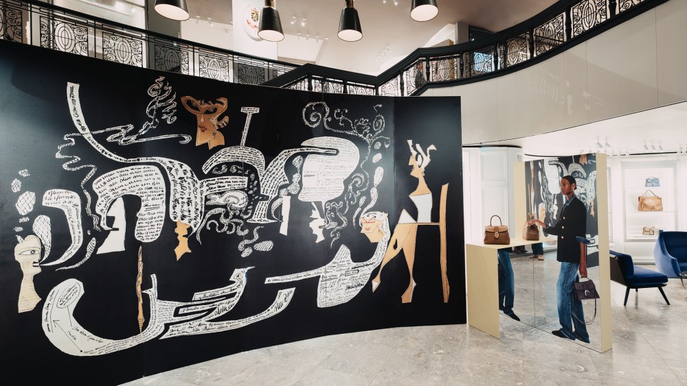 The Saul Steinberg installation at Delvaux's New York City store.
