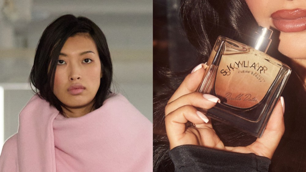 Tibi model (left) and Skylar's new "Double Dates" fragrance (right).