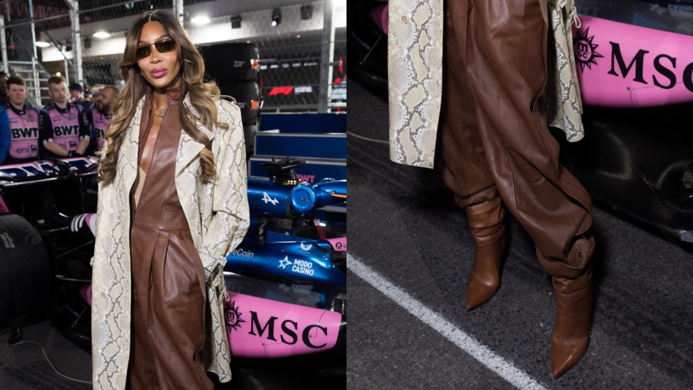Naomi Campbell arrived at the Formula 1 Grand Prix on Saturday in brown leather boots.