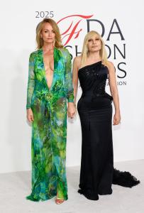 Amber Valletta and Donatella Versace at the 2025 CFDA Fashion Awards held at The American Museum of Natural History on November 03, 2025 in New York, New York.