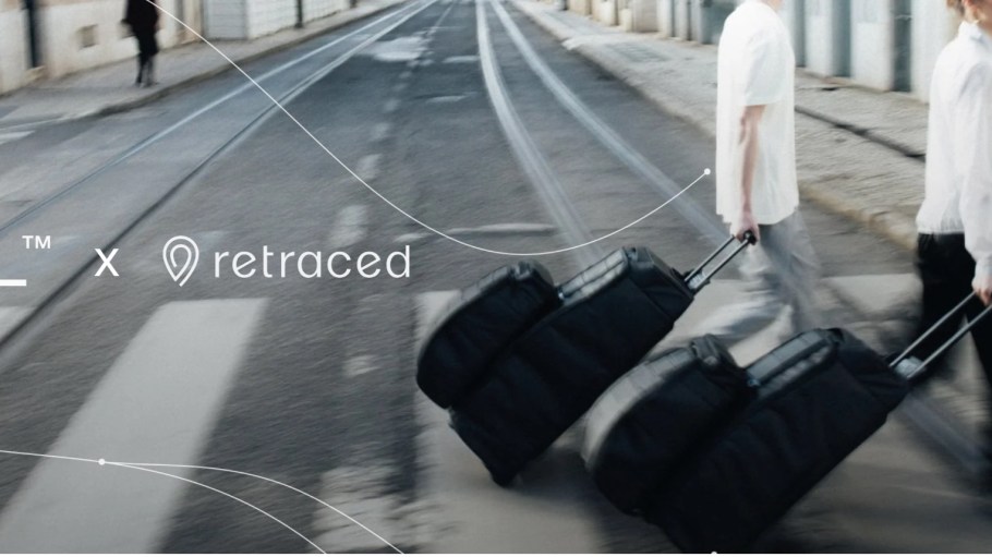 Two people pull rolling Db luggage across a city street next to a graphic showing the Db and Retraced logos.