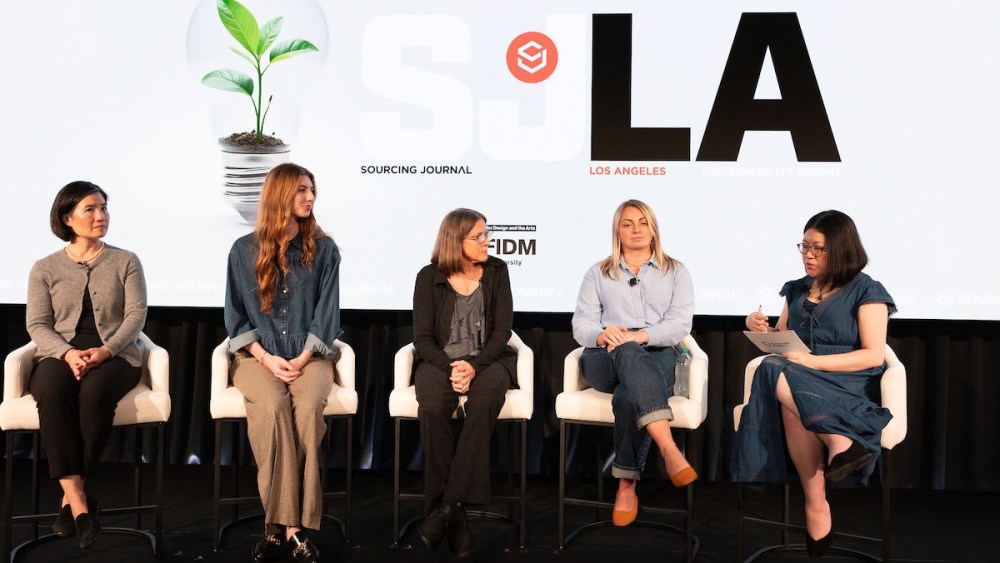 Linda Corrado, business development manager of Homeboy Threads; Madeleine Danzberger, sustainability and social impact specialist of Steve Madden; Margaret Frericks, director of Goodwill Southern California; Morgan Ginn, program manager of the Footwear Collective; with Jasmin Malik Chua, Sourcing Journal’s climate and labor editor during the second annual SJLA Sustainability summit on Nov. 13.