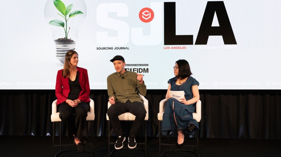 Microplastic scientist Victoria Fulfer and Lewis Shuler, vice president of advanced concepts at Alpine Group/Paradise Textiles, with Jasmin Malik Chua, Sourcing Journal’s climate and labor editor, during the second annual Sourcing Journal Los Angeles Sustainability summit on Nov. 13.