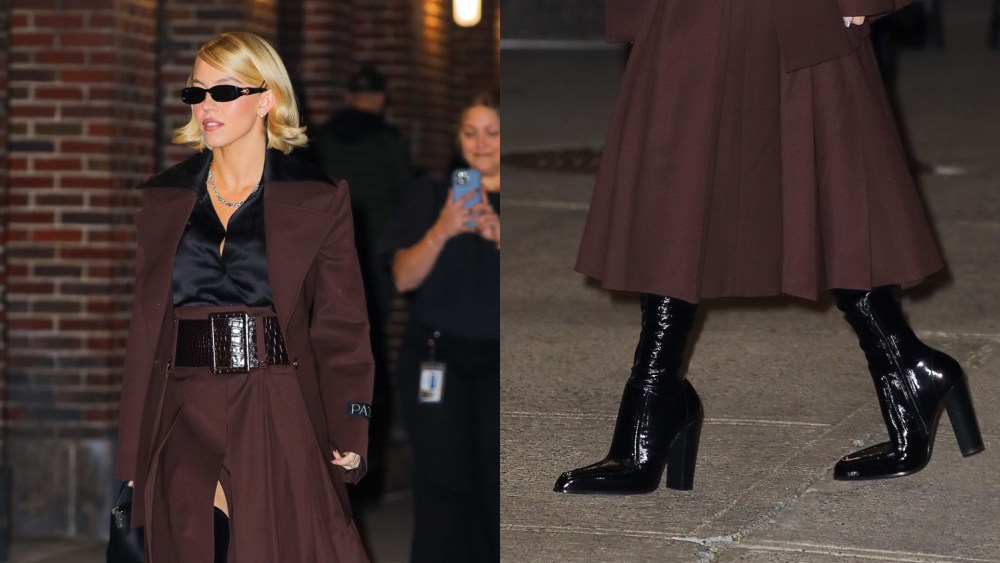 Sydney Sweeney wore patent leather thigh-high boots for an appearance on The Late Show with Stephen Colbert on Wednesday night.