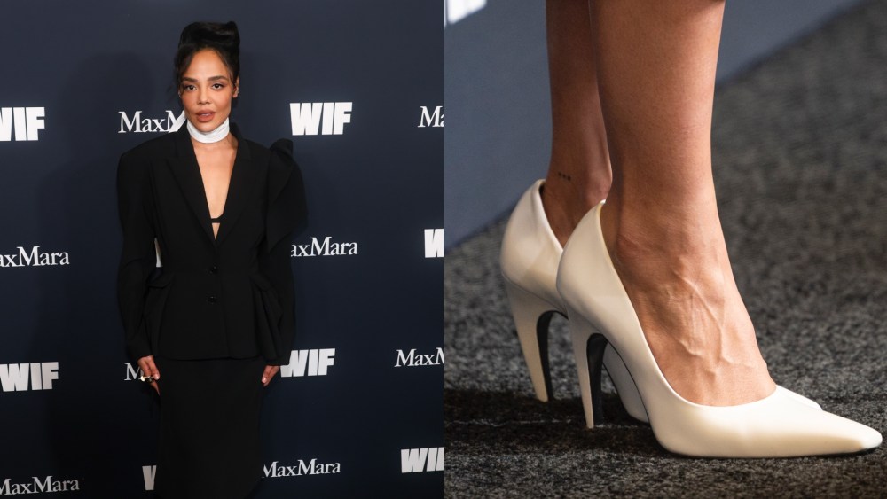 On Thursday night, actress Tessa Thompson attended the 2025 WIF Honors Gala in white heels from Jude.