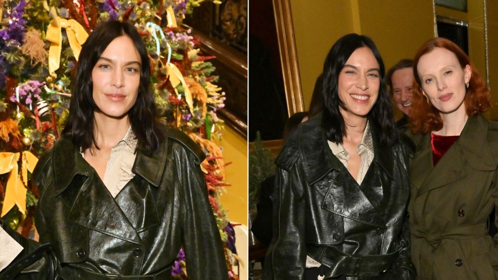 Alexa Chung, wearing a Burberry leather jacket, and Karen Elson at the Burberry Claridge's Tree Lighting in London on Tuesday night.