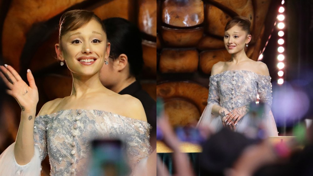Ariana Grande wears custom Thom Browne at the Wicked: For Good premiere on Nov. 13, 2025 in Singapore.