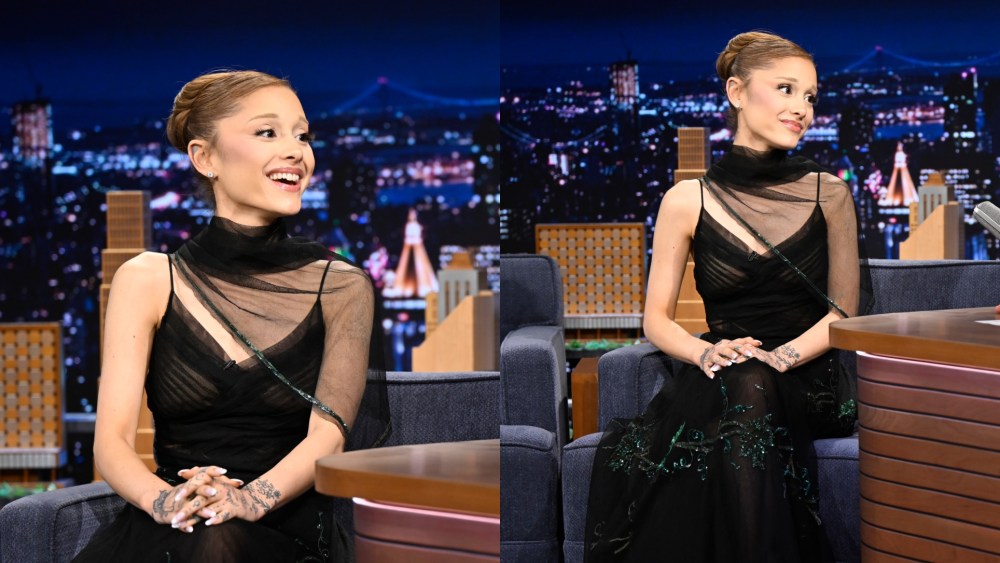 Ariana Grande wears a dress from the 1930s sourced from Amarcord Vintage Fashion on "The Tonight Show Starring Jimmy Fallon" on Nov. 18, 2025 in New York City.