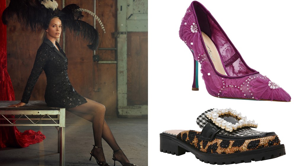 elizabeth berkley starring in betsey johnson's holiday campaign, wearing fancy showgirls headdress; two fancy shoe styles from betsey johnson over white background