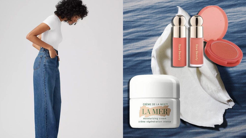 woman posing in baggy levi's jeans; premium beauty cream and blush products overlaid on a background of waves