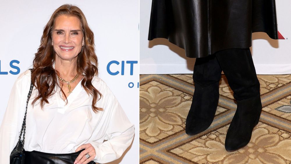 Brooke Shields wears black suede boots with a wedged heel at Citymeals' Power Lunch in New York City on Wednesday.