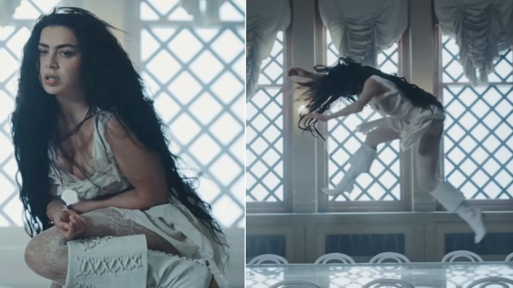 Charli XCX in her new "Chains of Love" music video, where she wears white back-laced McQueen boots from the label's spring 2026 collection.