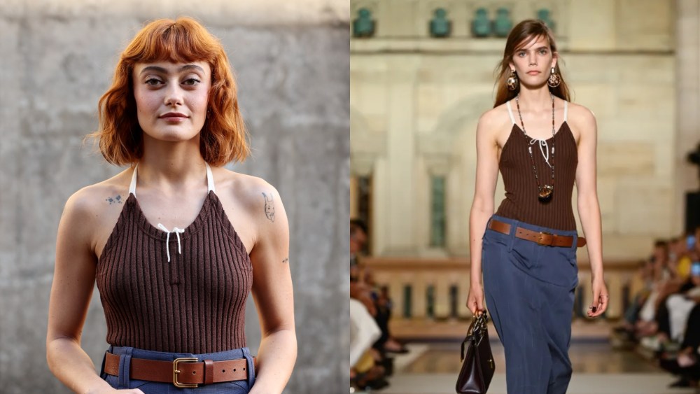 Ella Purnell wears Tory Burch spring 2026 ready-to-wear collection on Nov. 25, 2025 in Sydney, Australia, left. Tory Burch spring 2026 ready-to-wear collection, right.