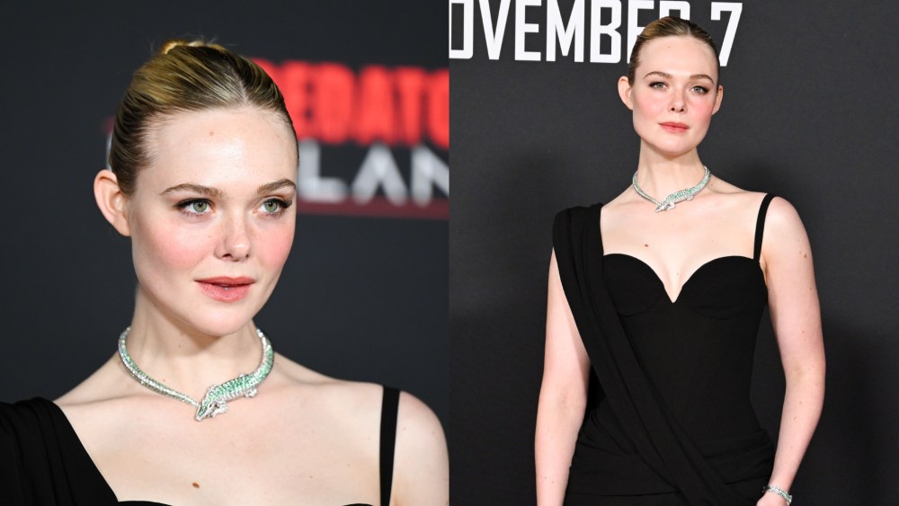 Elle Fanning wears Zuhair Murad spring 2026 ready-to-wear collection at the Predator: Badlands Los Angeles premiere on Nov. 3, 2025 in Los Angeles.
