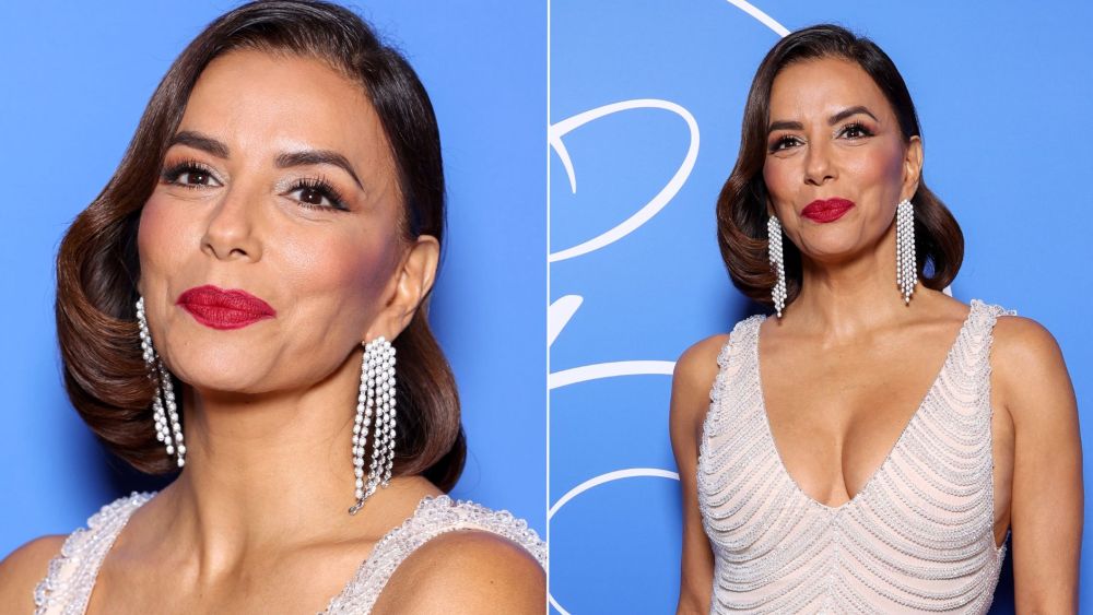 Eva Longoria attends the Gift Gala in Paris on Saturday evening wearing a scalloped beaded Mônot gown.