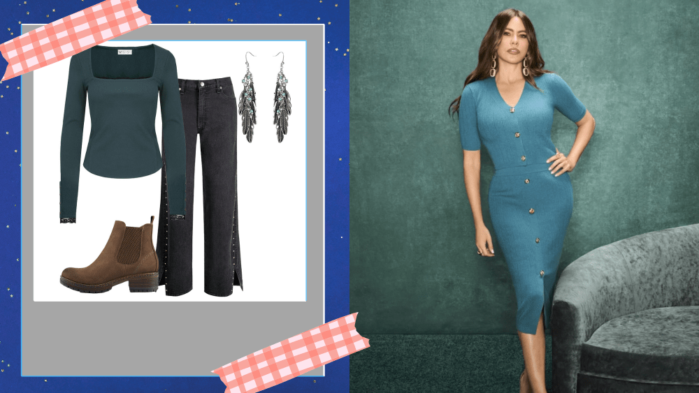 a holiday outfit created from jessica simpson clothing and accessories at walmart, in a stylized picture frame; sofia vergara posing in her own two-piece sweater skirt suit