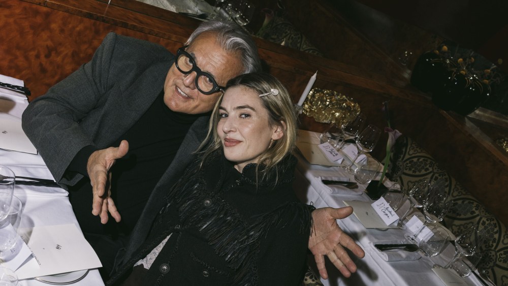 Giuseppe Zanotti and Camille Charrière at the Paris launch party for the Slim sandal re-issue.