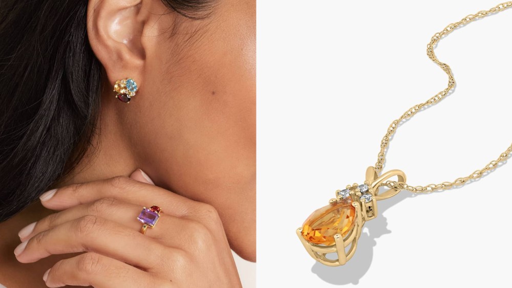 model wearing james allen ring and earrings; a james allen citrine pendant necklace laid out over white background