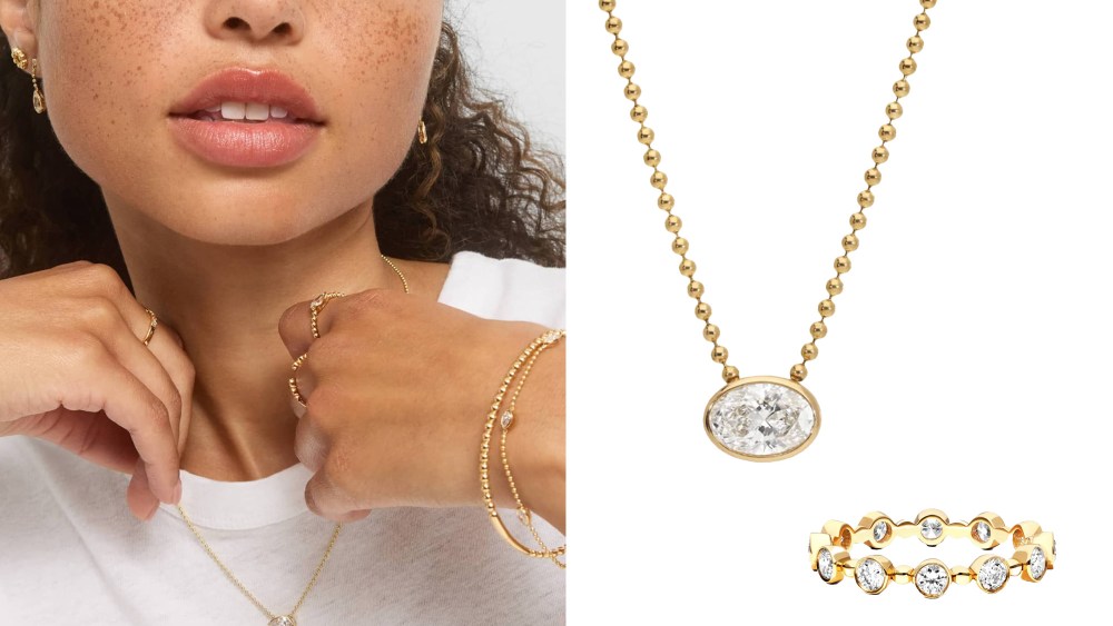 model showing off james allen bracelets, rings, and necklaces; a beaded necklace and diamond-clad ring from james allen's new jewelry collection