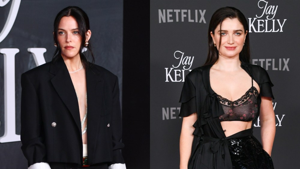 Riley Keough in Chanel, left, and Eve Hewson at Netflix's "Jay Kelly" premiere on Nov. 11, 2025 in Los Angeles.