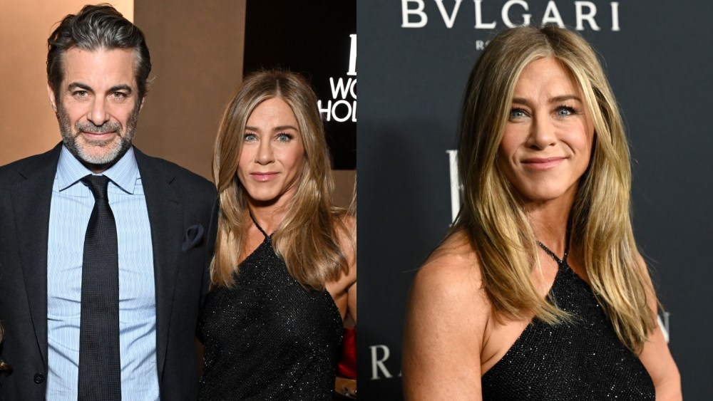 Jim Curtis, left, and Jennifer Aniston, wearing Ralph Lauren, at the 2025 Elle Women in Hollywood Celebration on Nov. 17, 2025 in Los Angeles.