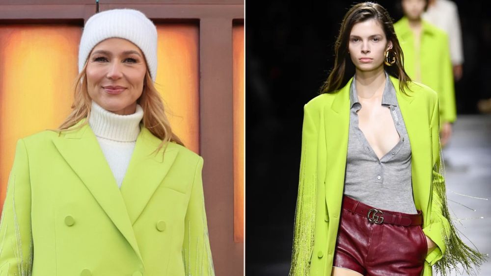 Jewel in a neon green Gucci jacket from the label's spring 2024 RTW collection; a look at the fringe-detailed coat on the runway.