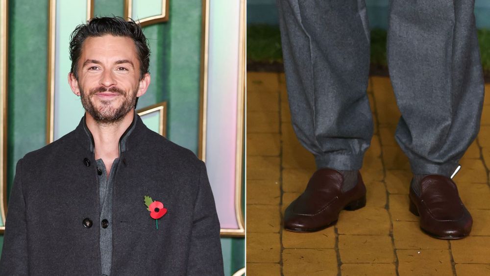 Jonathan Bailey wears Manolo Blahnik Truro brown calf leather loafers at the European premiere of "Wicked: For Good" in London on Monday.