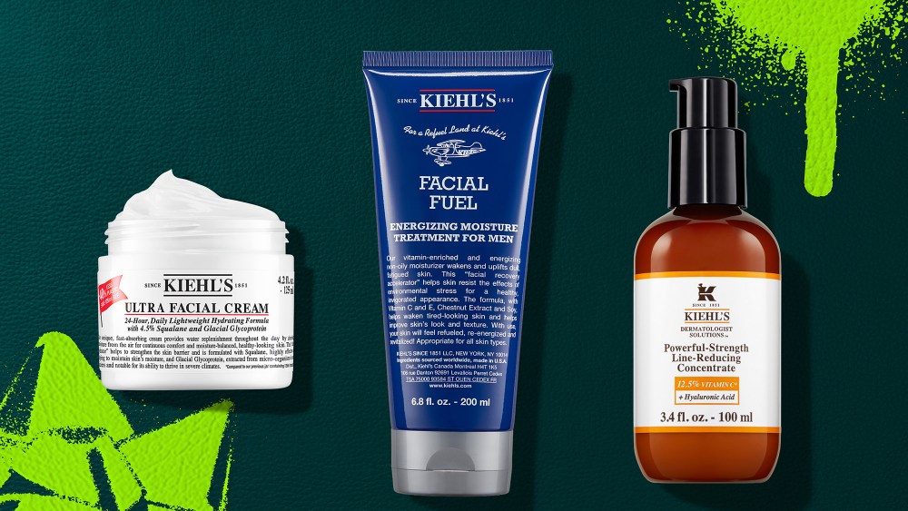 three kiehl's bestsellers, from face cream to anti-aging concentrate, over a dark green background