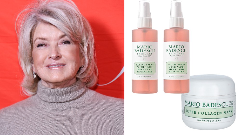 martha stewart posing for the cameras on a red carpet while wearing a sweater; two mario badescu products, including sprays and a mask, over a white background