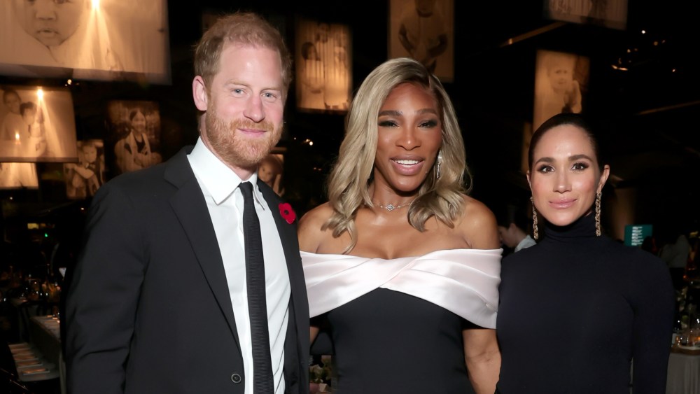 Meghan Markle attends the 2025 Baby2Baby Gala on Nov. 8, 2025 in West Hollywood, Calif., wearing a black turtleneck and coordinated skirt with a thigh-high slit, along with Aquazzura shoes and earrings.