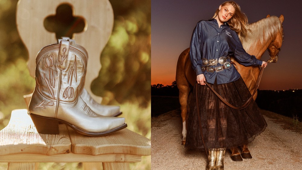 a pair of metallic-coated short cowboy boots resting on a wooden chair; model wearing big-buckled belts, big skirt, and cowboy boots while standing next to a horse