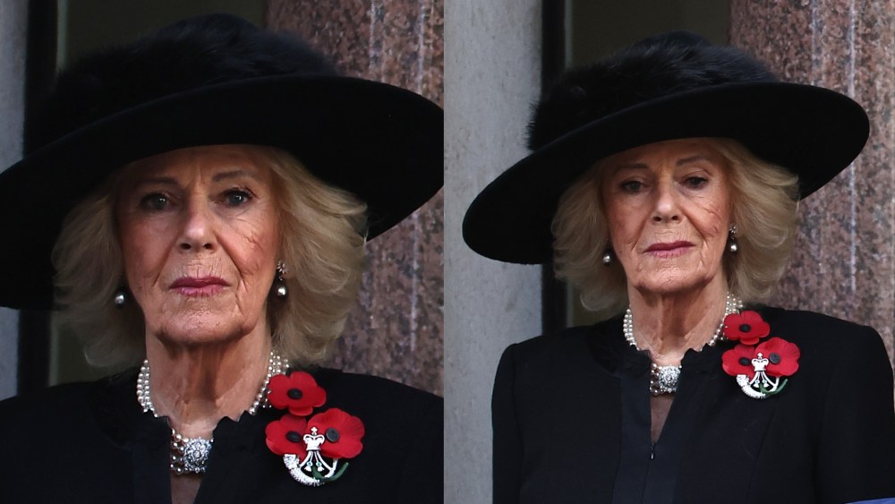 Queen Camilla wears the Bugle Horn brooch and four-strand pearl necklace at the Remembrance Sunday ceremony at the Cenotaph on Whitehall on Nov. 9, 2025 in London.