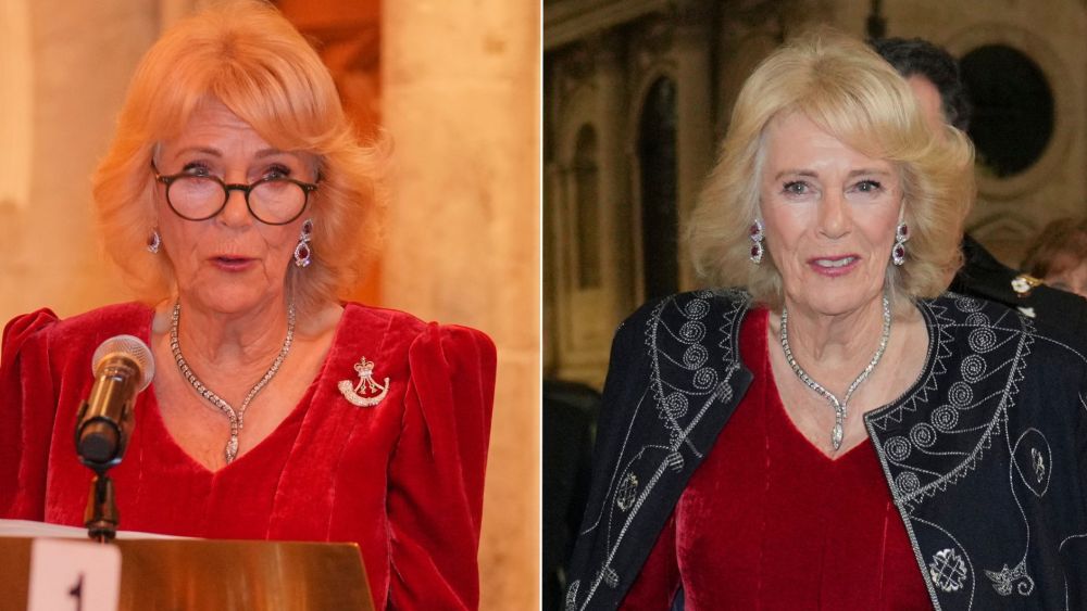 Queen Camilla at the Rifles Awards Dinner on Thursday evening in a red Fiora Clare gown, a historic overcoat from King Charles' past, and meaningful jewelry from her collection.