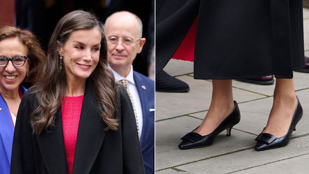 Queen Letizia wears black leather kitten heels with a buckle on the vamp during Spain's official visit to China on Tuesday.