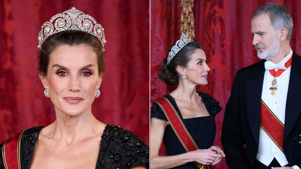 Queen Letizia of Spain wears the Cartier Pearl and Diamond Tiara with a Carolina Herrera gown at Spain's State Banquet with Germany on Wednesday evening.