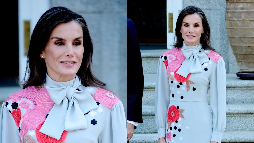 Queen Letizia of Spain wears a dress by Pertegaz at a luncheon for Oman's Sultan His Majesty Haitham Bin Tariq on Nov. 4, 2025 in Madrid.